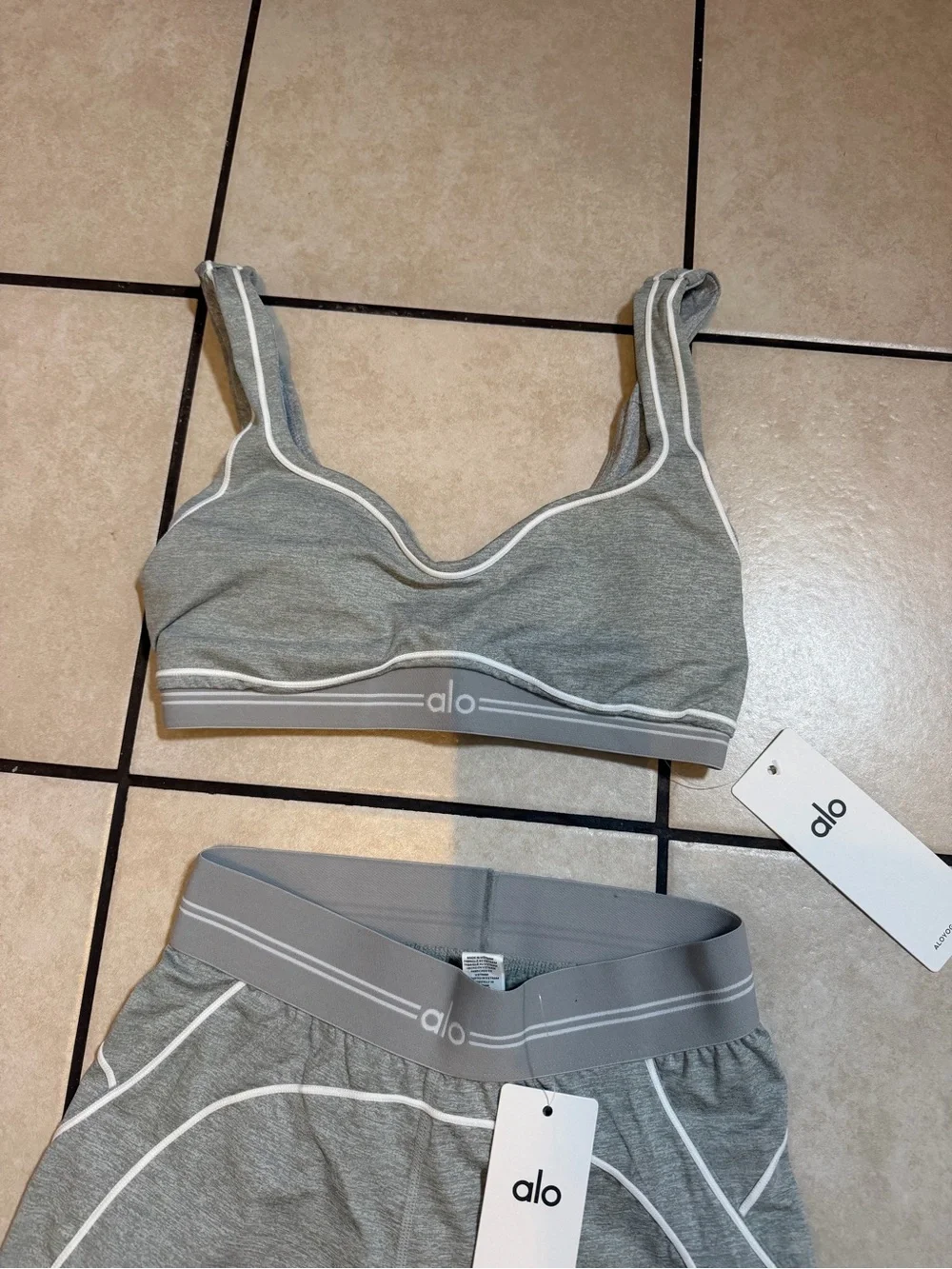 ALO Yoga Gray Seam-Trim Bralette & Biker Short Set